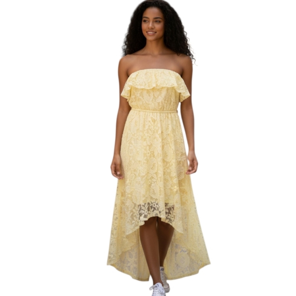 TRIXXI STRAPLESS YELLOW LACE DRESS SZ.L EUC